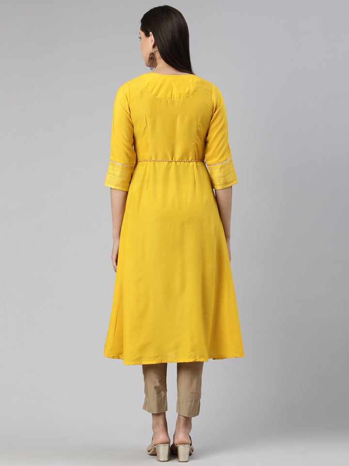 Neerus Yellow cotton embroidered anarkali kurta - side view