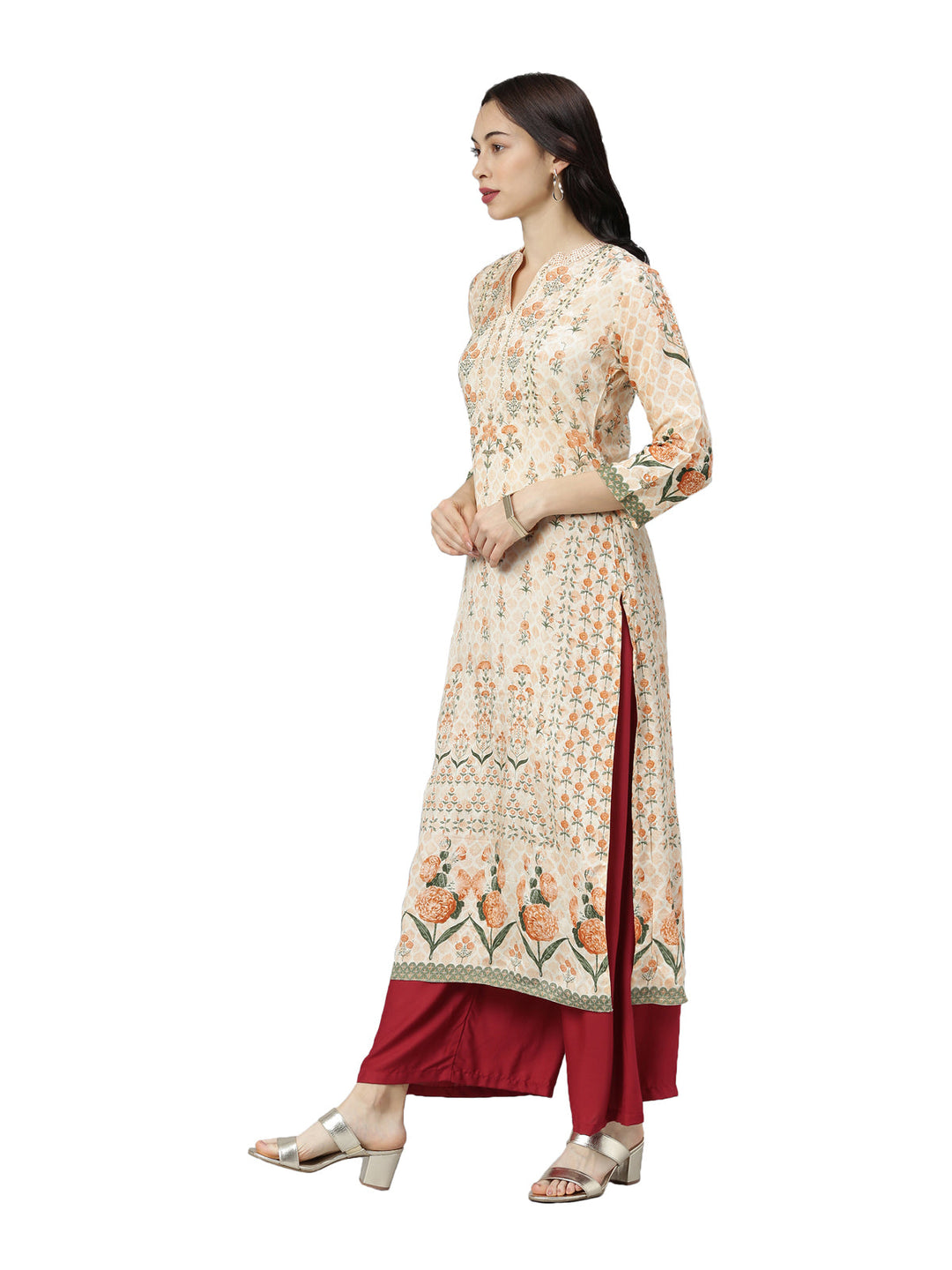 Neerus Beige shantoon printed floral kurti - side view