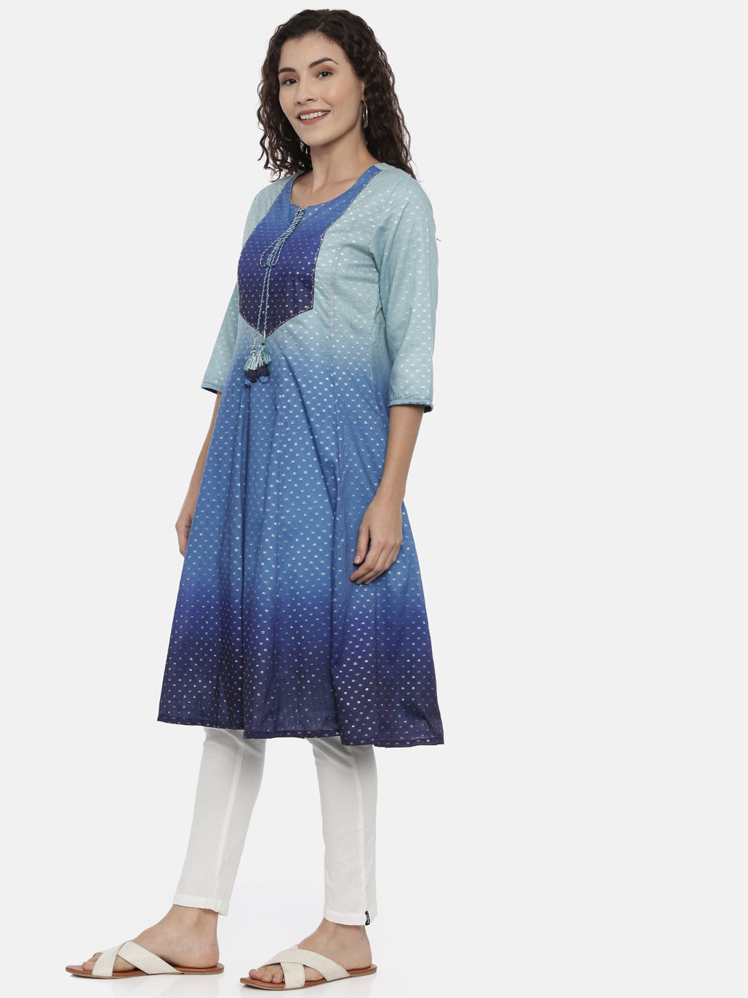 Neerus Blue viscose rayon printed Anarkali kurti - back view