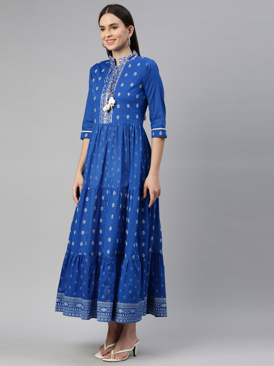 Neerus Blue cotton thread embroidered anarkali kurta - back view