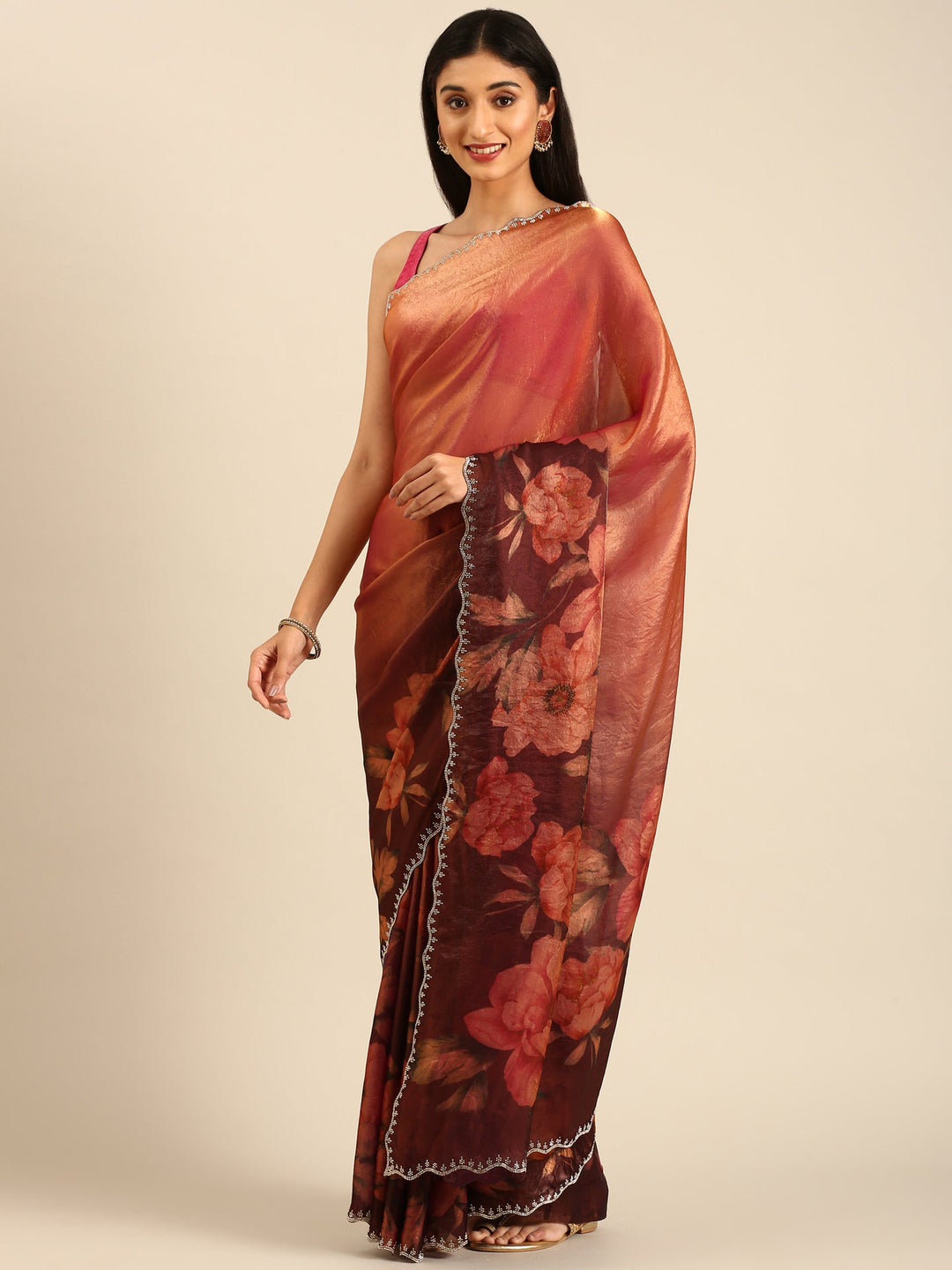 Neerus Gold tissue embellished saree with floral print - detail view 1