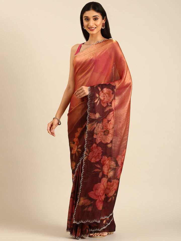 Neerus Gold tissue embellished saree with floral print - detail view 1
