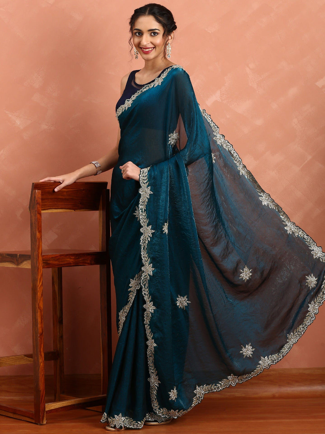 Neerus Blue satin hand embroidered saree - detail view 1