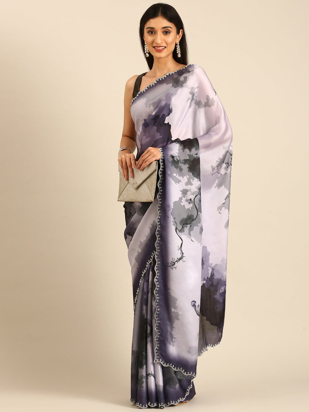 Neerus Satin embellished printed saree - detail view 1