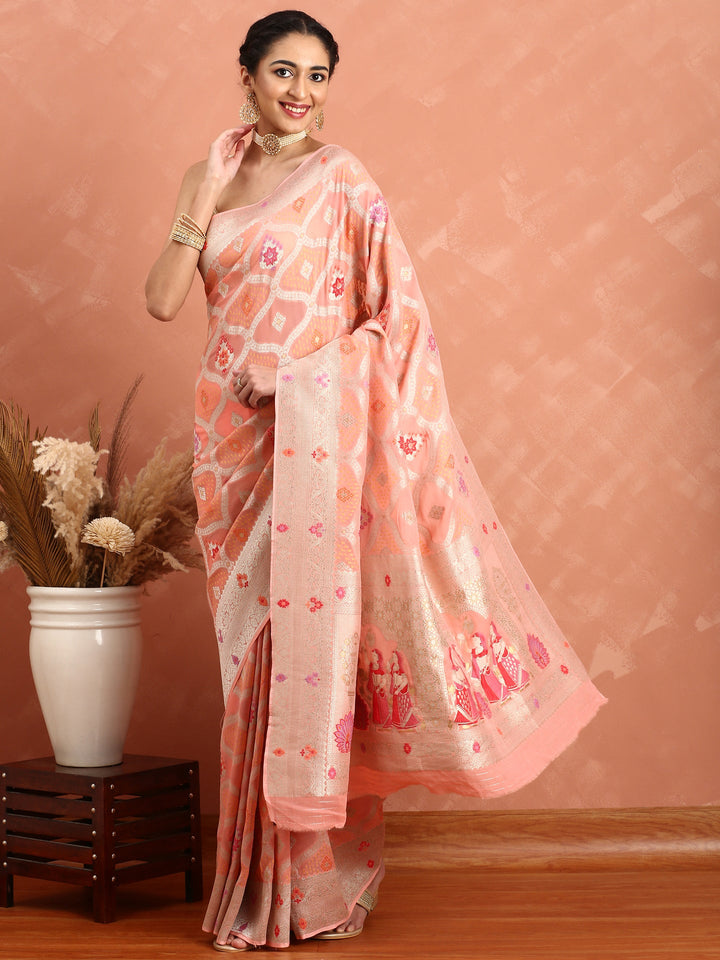 Neerus Pink Banarasi woven saree - back view