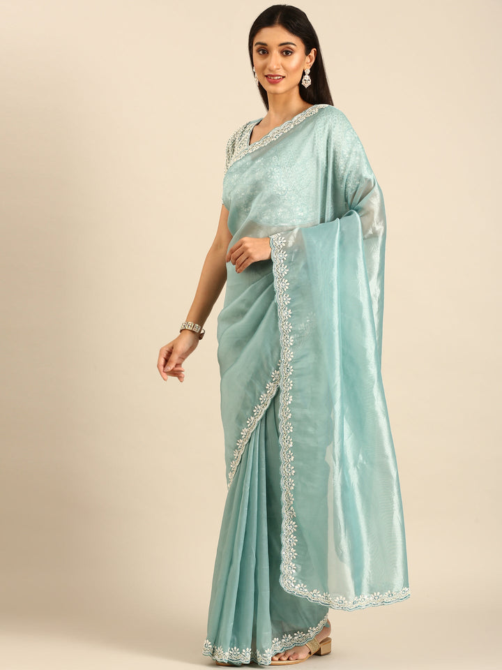 Sky blue Jimmy tissue saree with pearls & beads embroidery with heavy ready made blouse