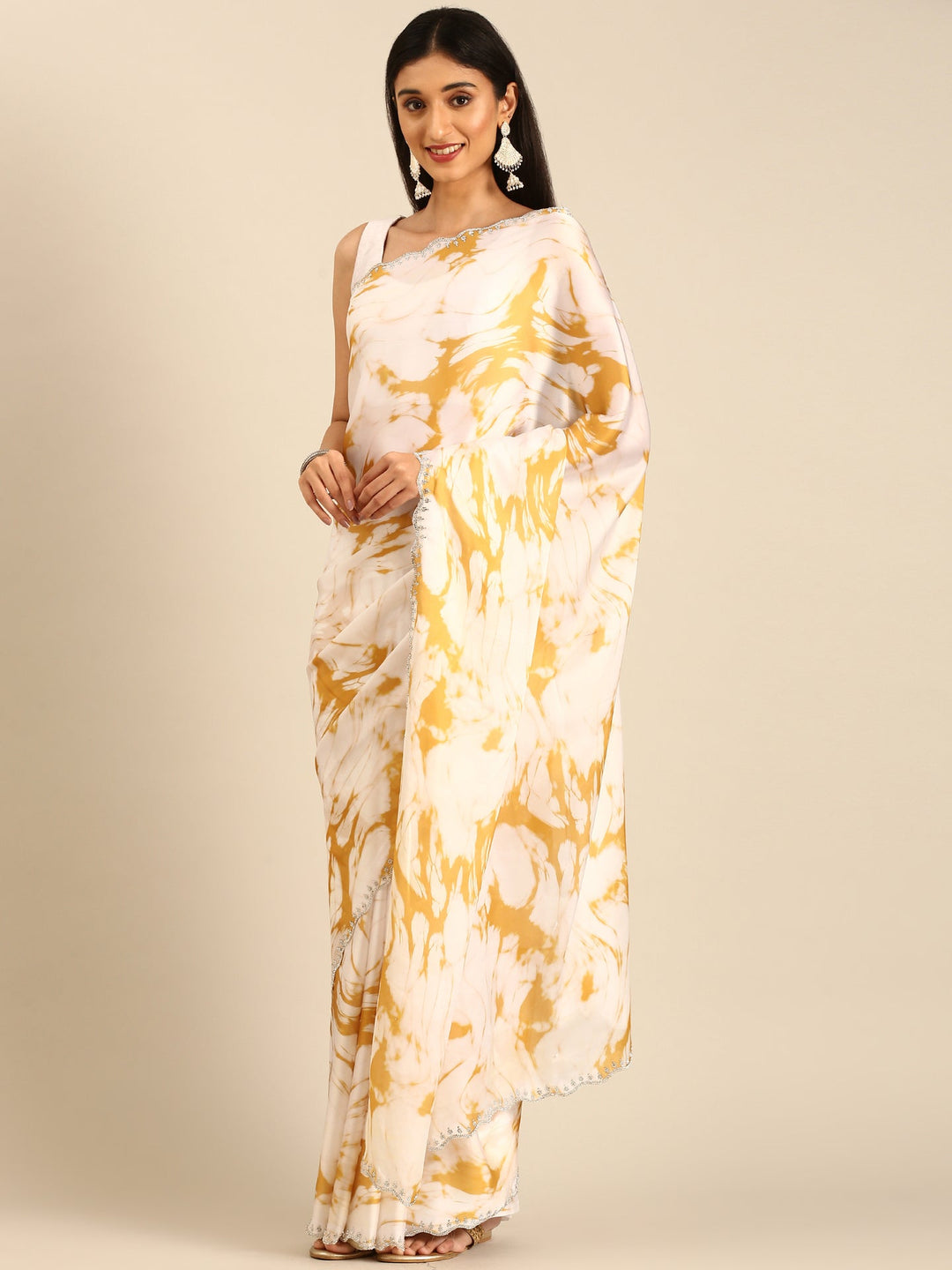 Neerus Yellow satin embellished printed saree - detail view 1