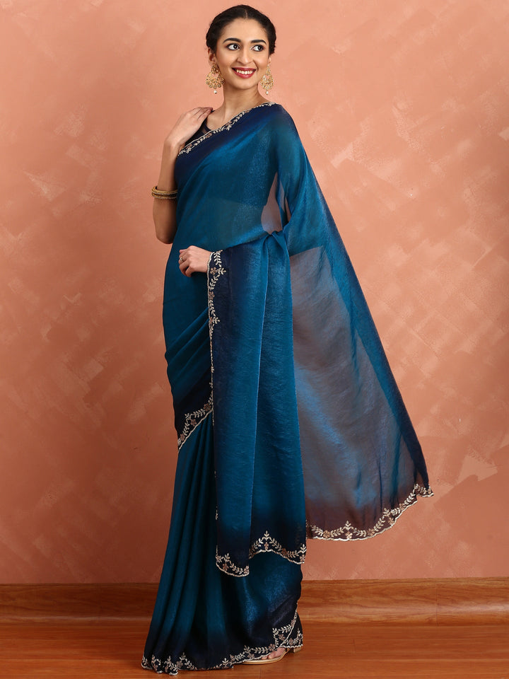 Royal blue jimmy tissue saree with Swarovski embroidery