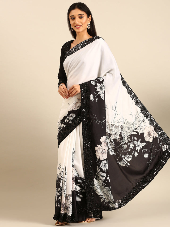 Neerus Black satin hand embroidered printed saree - back view