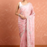 Baby pink satin saree with zardozi hand work