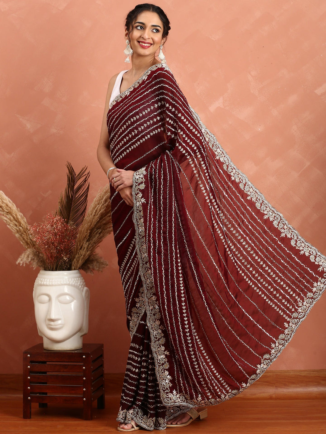 Neerus Maroon hand embroidered saree with Swarovski and cut dana - detail view 1