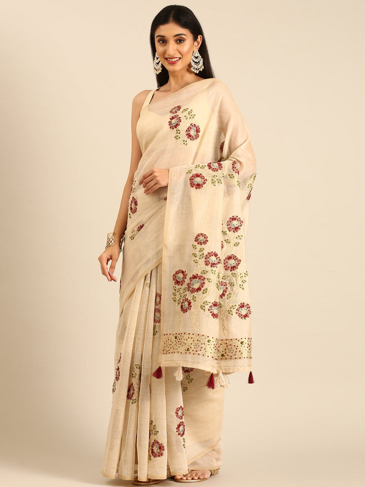 Neerus Beige Chanderi embellished saree - back view