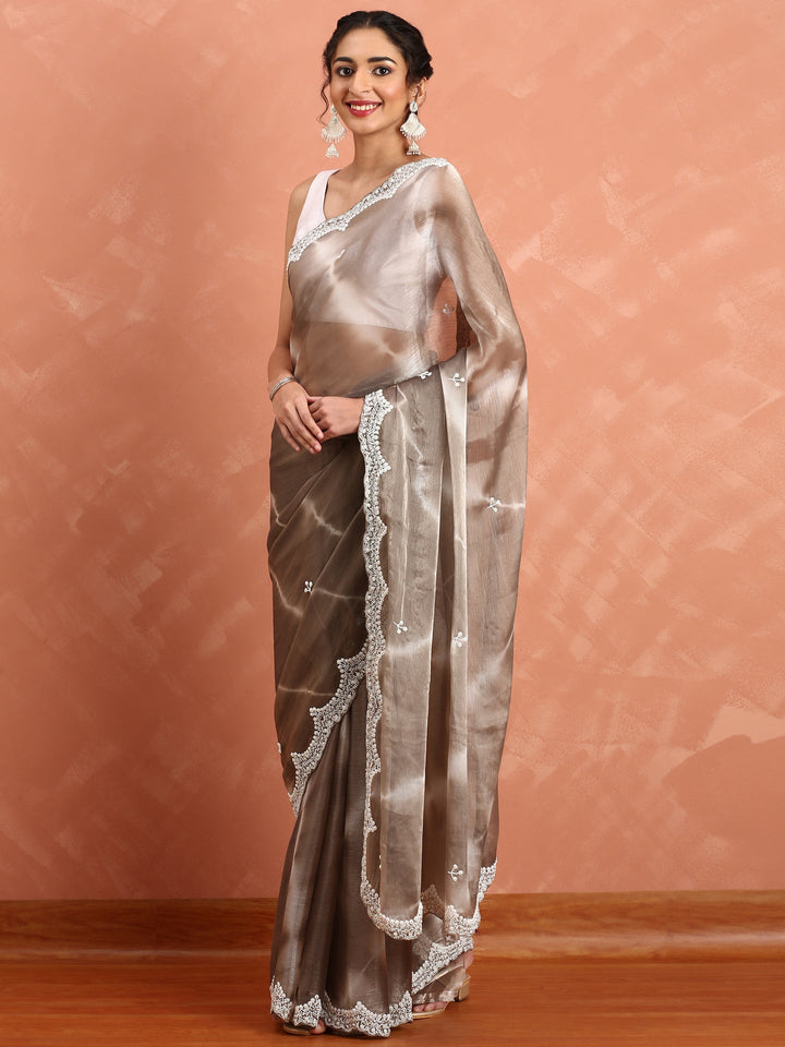 Neerus Grey organza hand embroidered saree - detail view 1