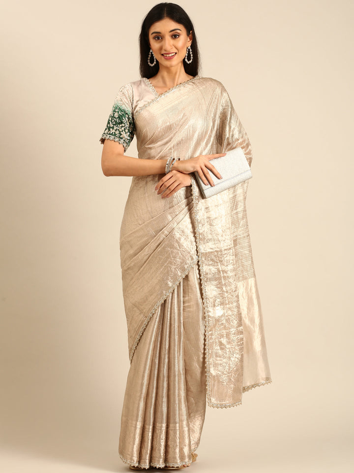 Neerus Grey tissue woven saree with green contrast blouse - detail view 1
