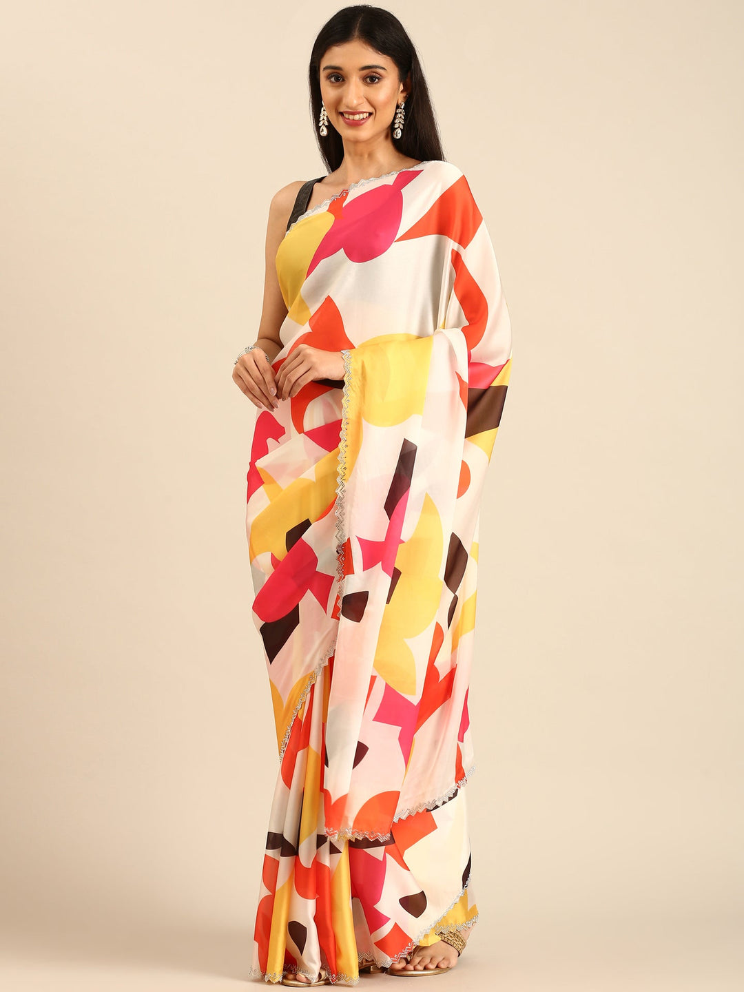 Neerus Satin Embellished Printed Saree with Swarovski Border - detail view 1