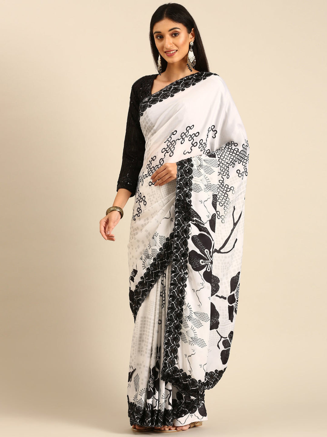 Neerus Black satin hand embroidered saree - front view