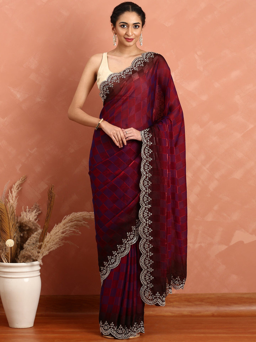 Neerus Maroon organza hand embroidered saree - back view