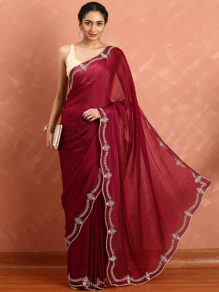 Neerus Maroon tissue hand embroidered saree - back view