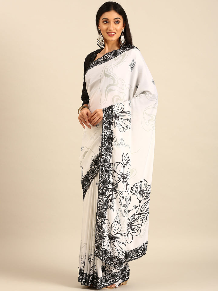 Black & White Satin Printed Saree With Hand Embroidery And Ready Made Blouse