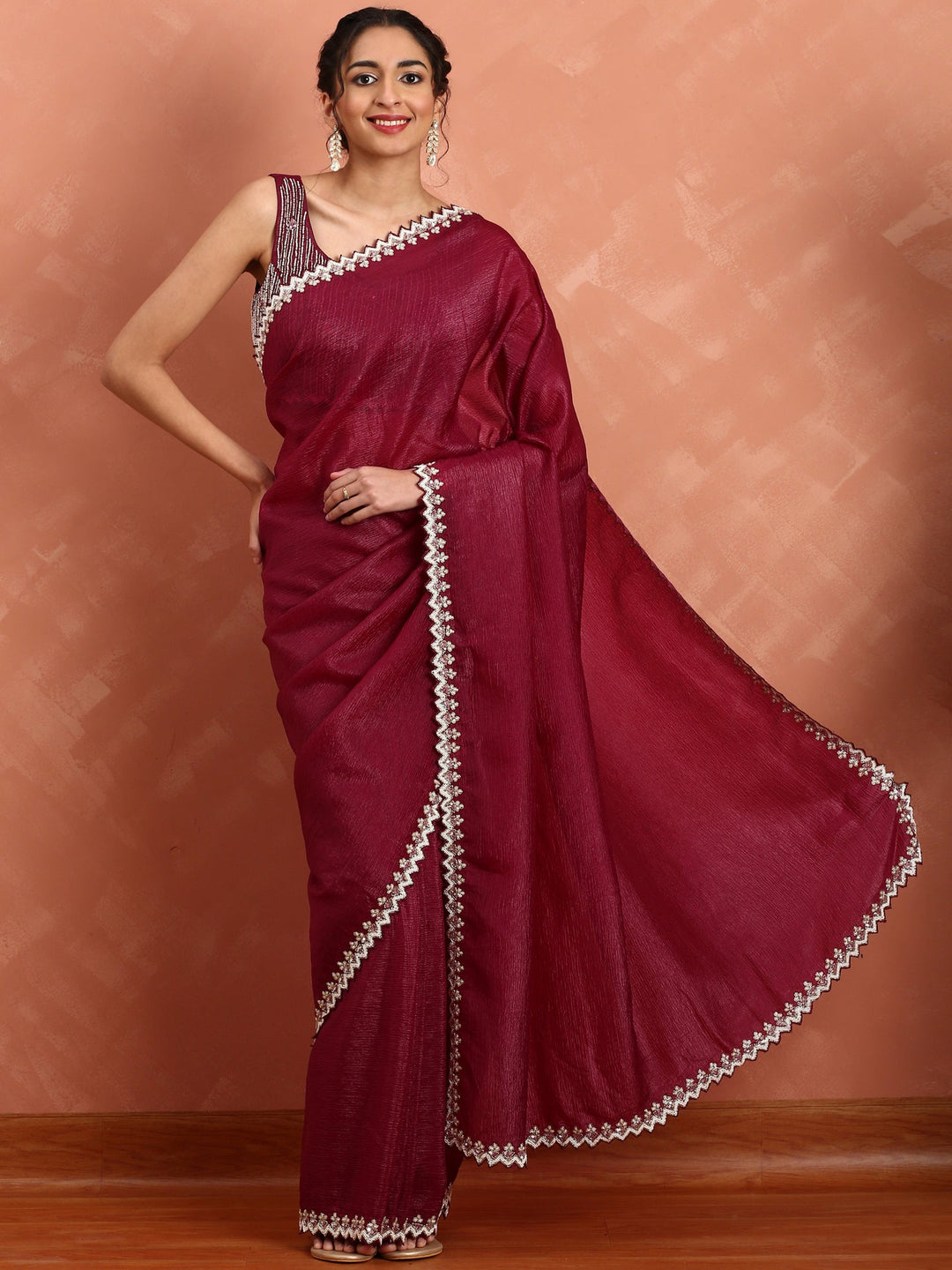 Neerus Maroon satin embellished saree - detail view 1