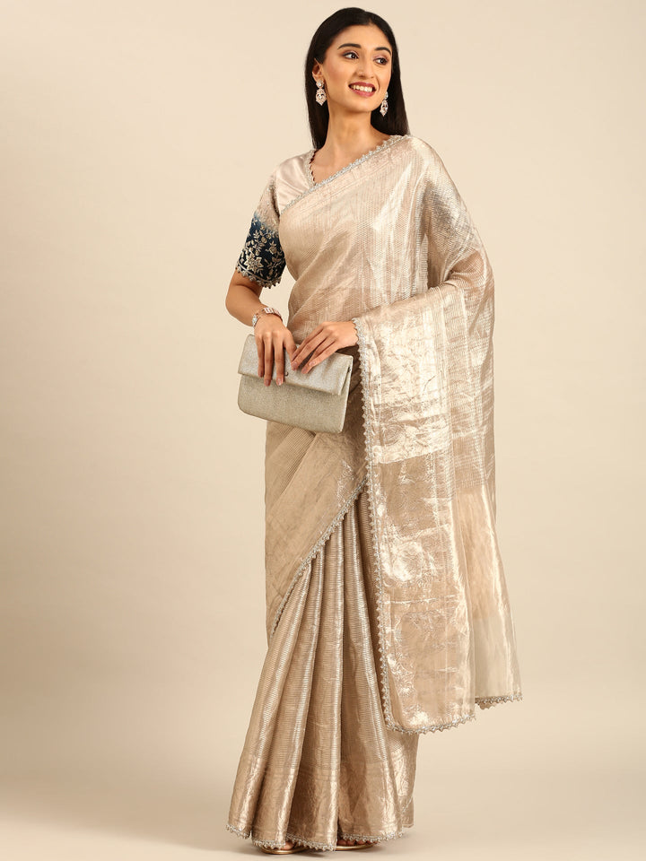 Neerus Grey tissue hand embroidered zari saree - detail view 1