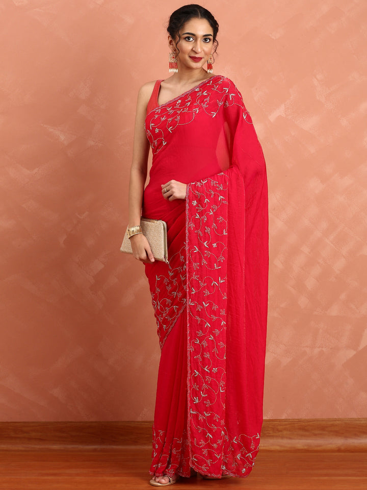 Rani pink Jimmy saree with cut dana & Swarovski hand embroidery