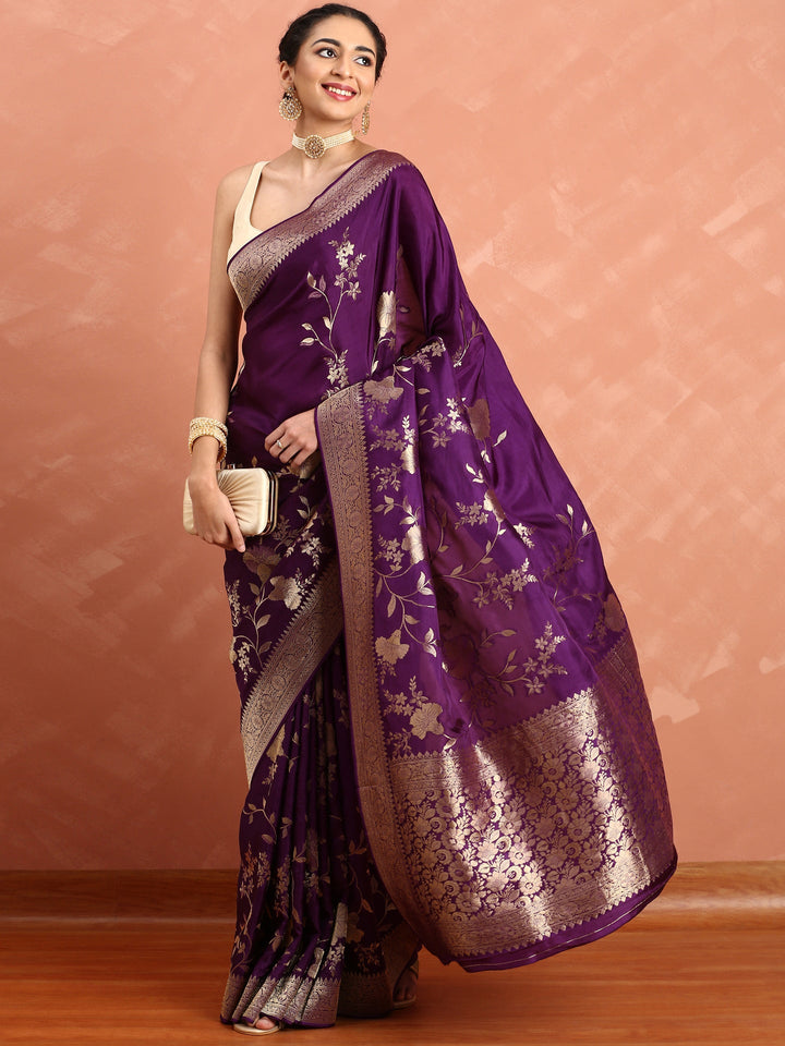 Neerus Maroon Banarasi woven saree with gold motifs - back view
