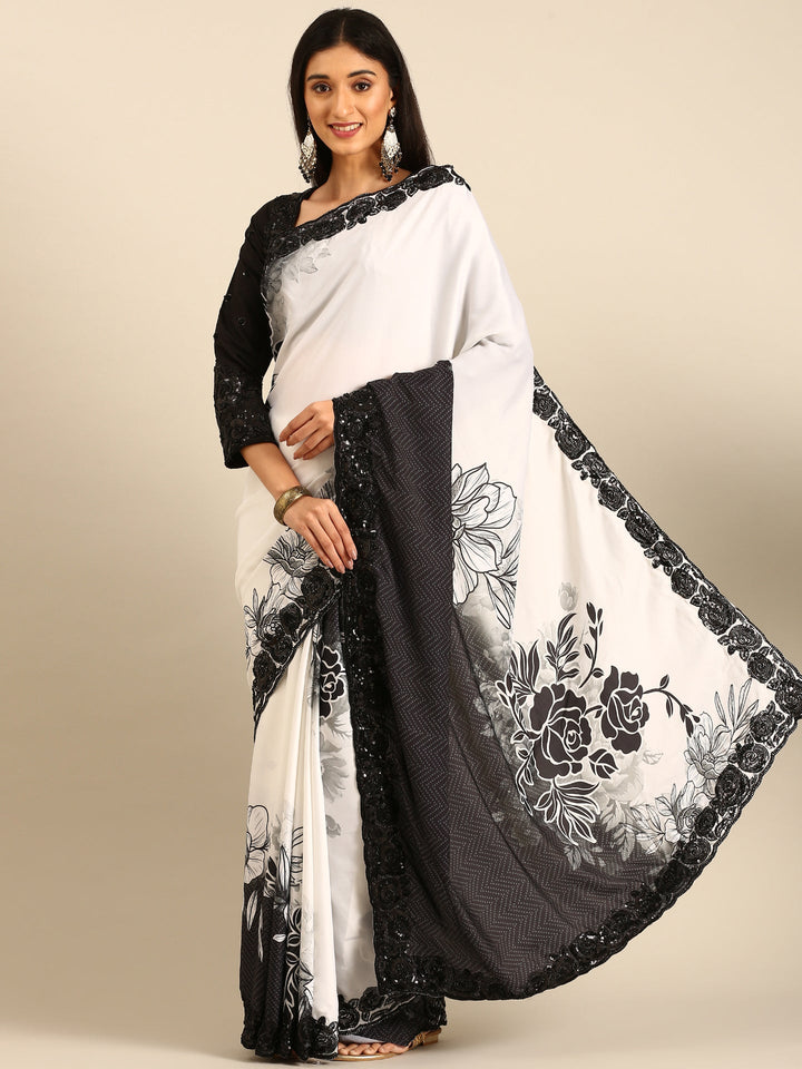 Black & white satin printed saree with hand embroidery & ready made blouse