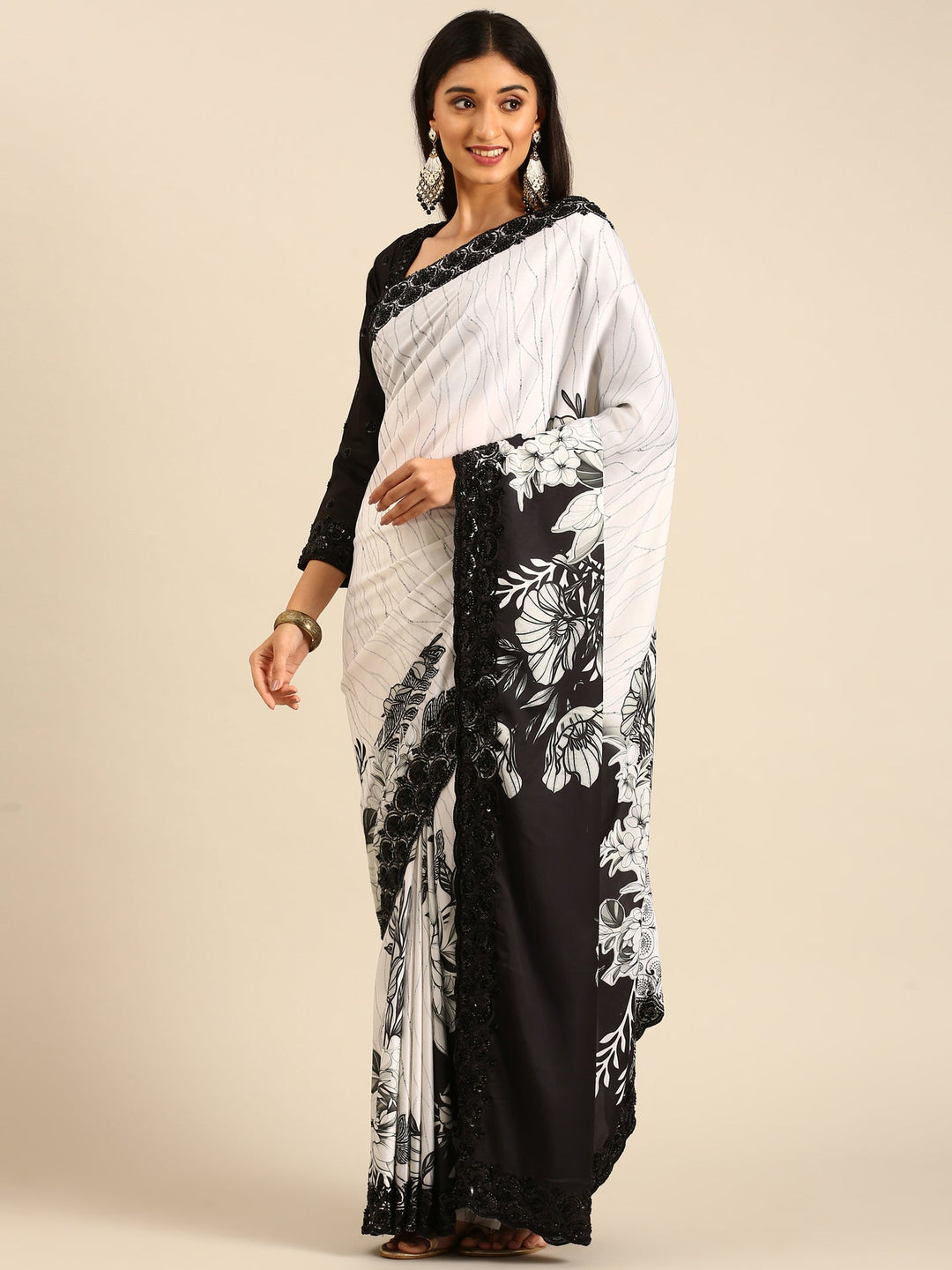 Neerus Black satin hand embroidered printed saree with blouse - detail view 1