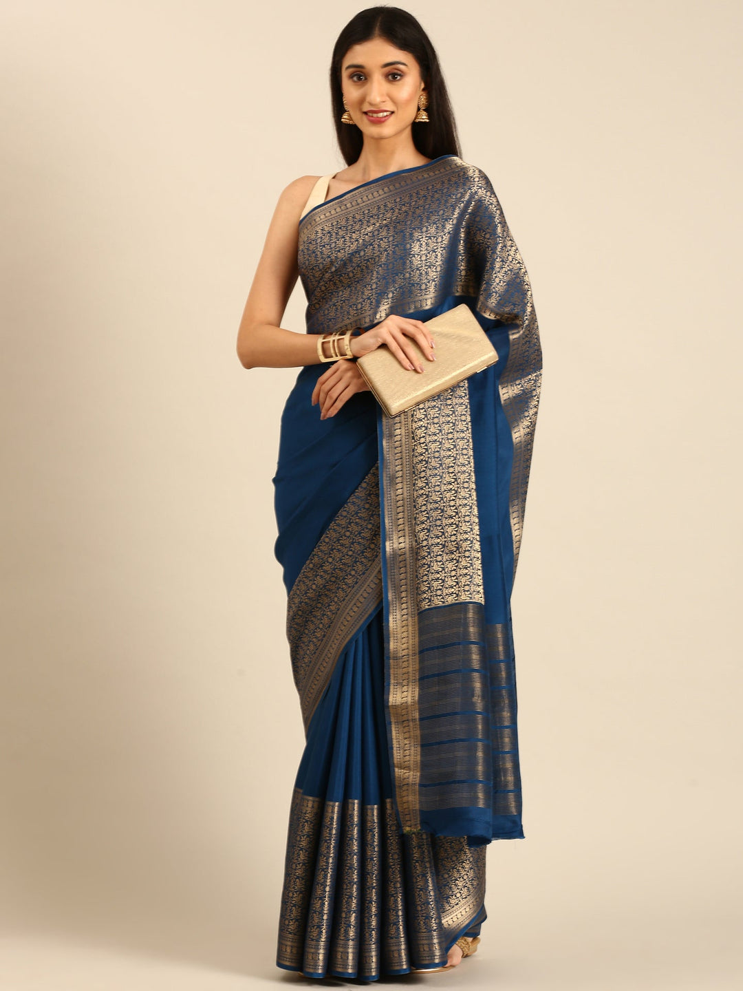 Neerus Blue Crepe Woven Saree with Zari Jaal Border - detail view 1