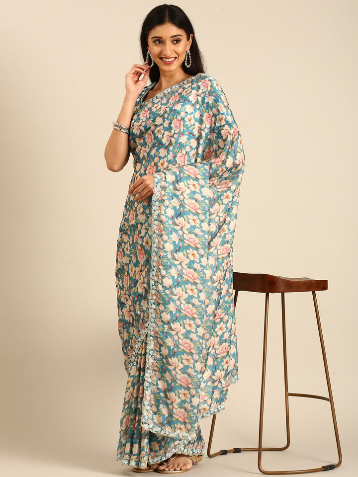 Blue floral printed satin saree with pearls & sequins embroidery with heavy ready made blouse