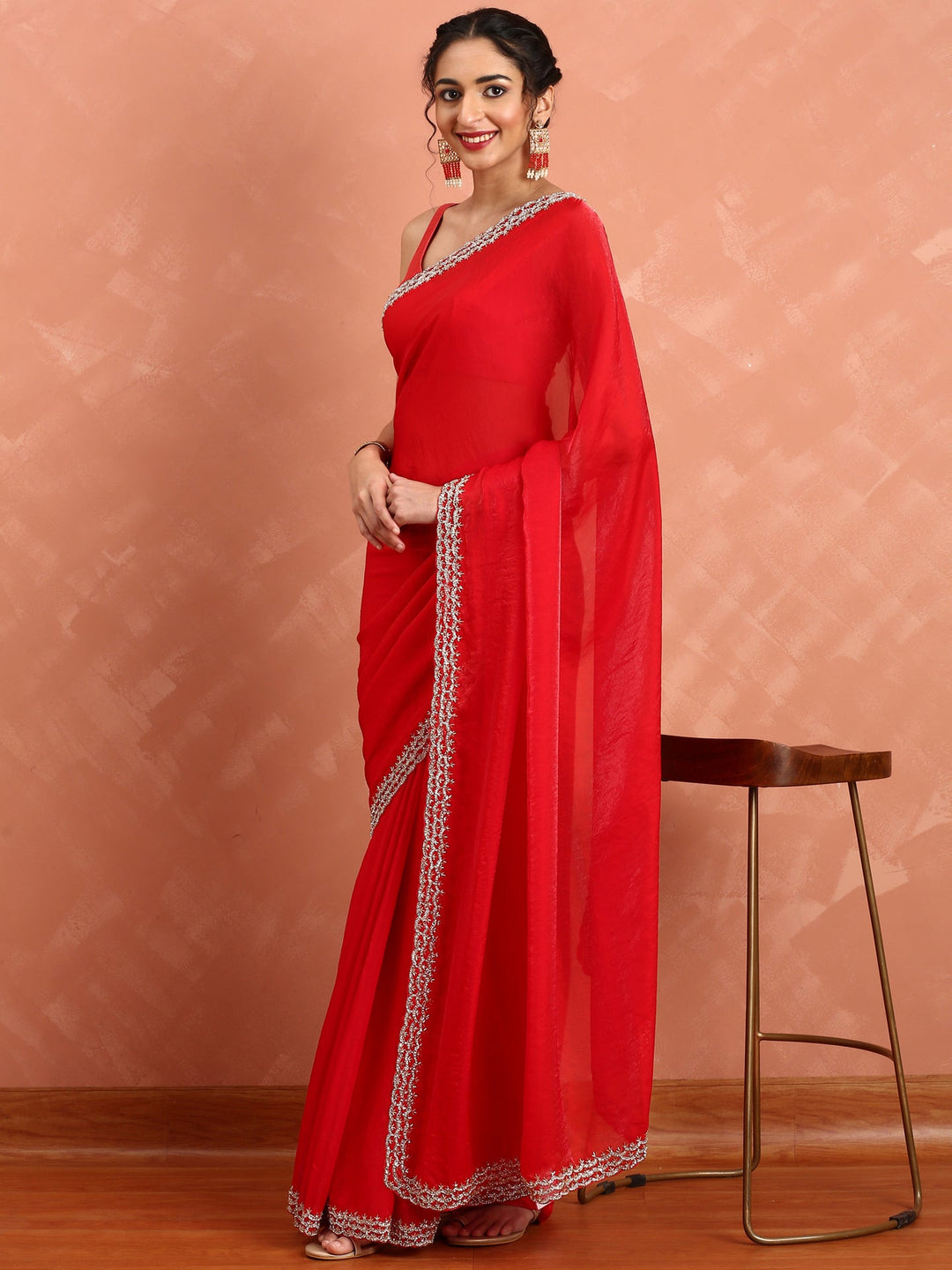 Neerus Red embellished Jimmy saree with pearl and cut Dana embroidery - detail view 1