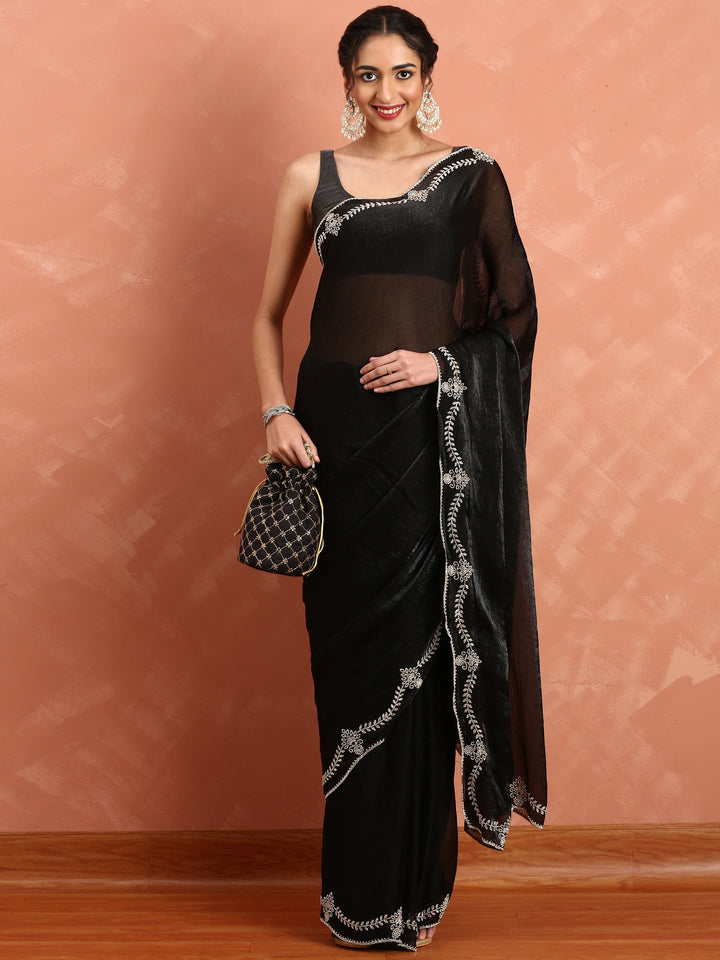 Neerus Black tissue hand embroidered saree - detail view 1