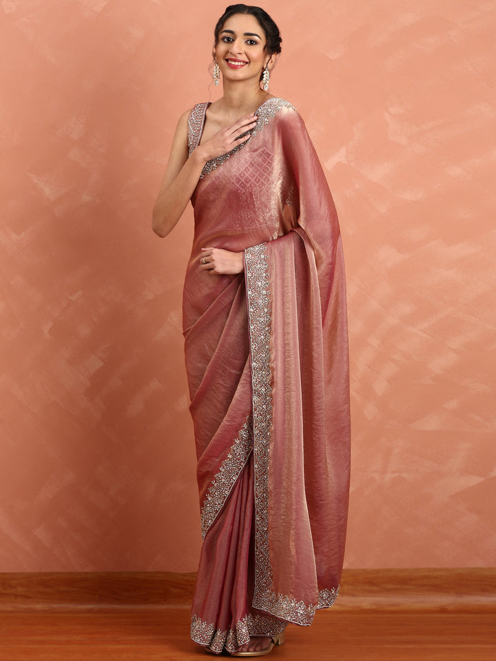 Onion pink tissue saree with Swarovski & cut Dana embroidery & ready made blouse