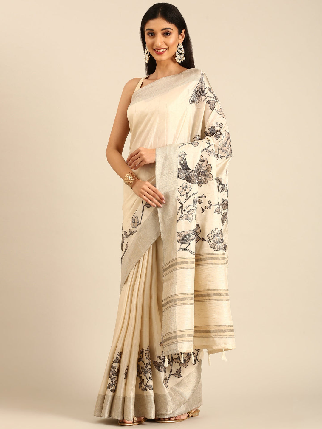 Neerus White raw silk printed floral saree - detail view 1