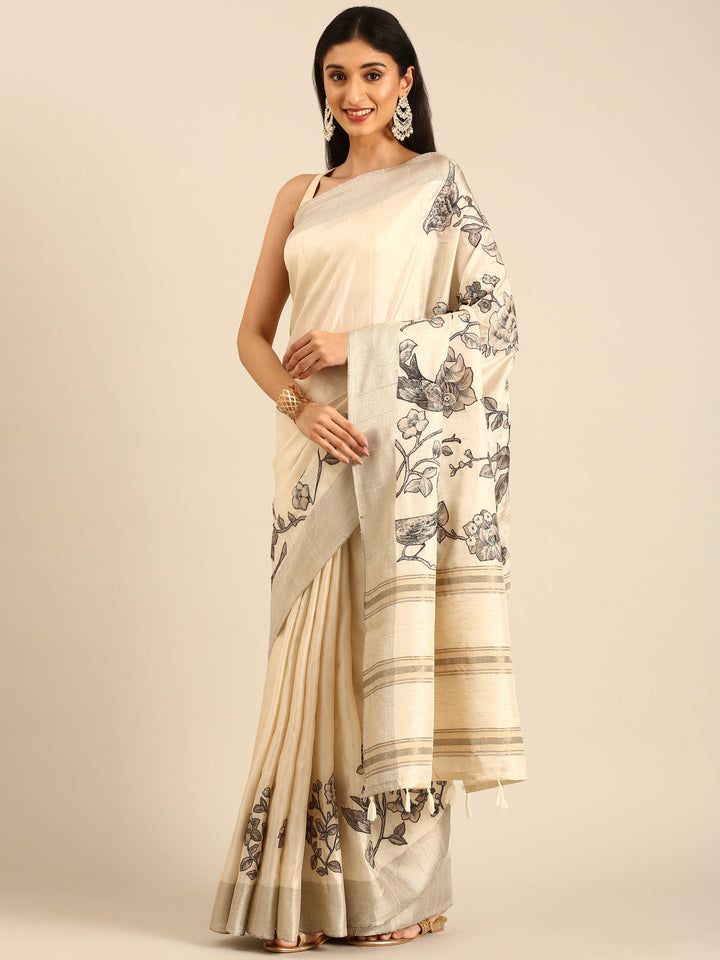 Neerus White raw silk printed floral saree - detail view 1