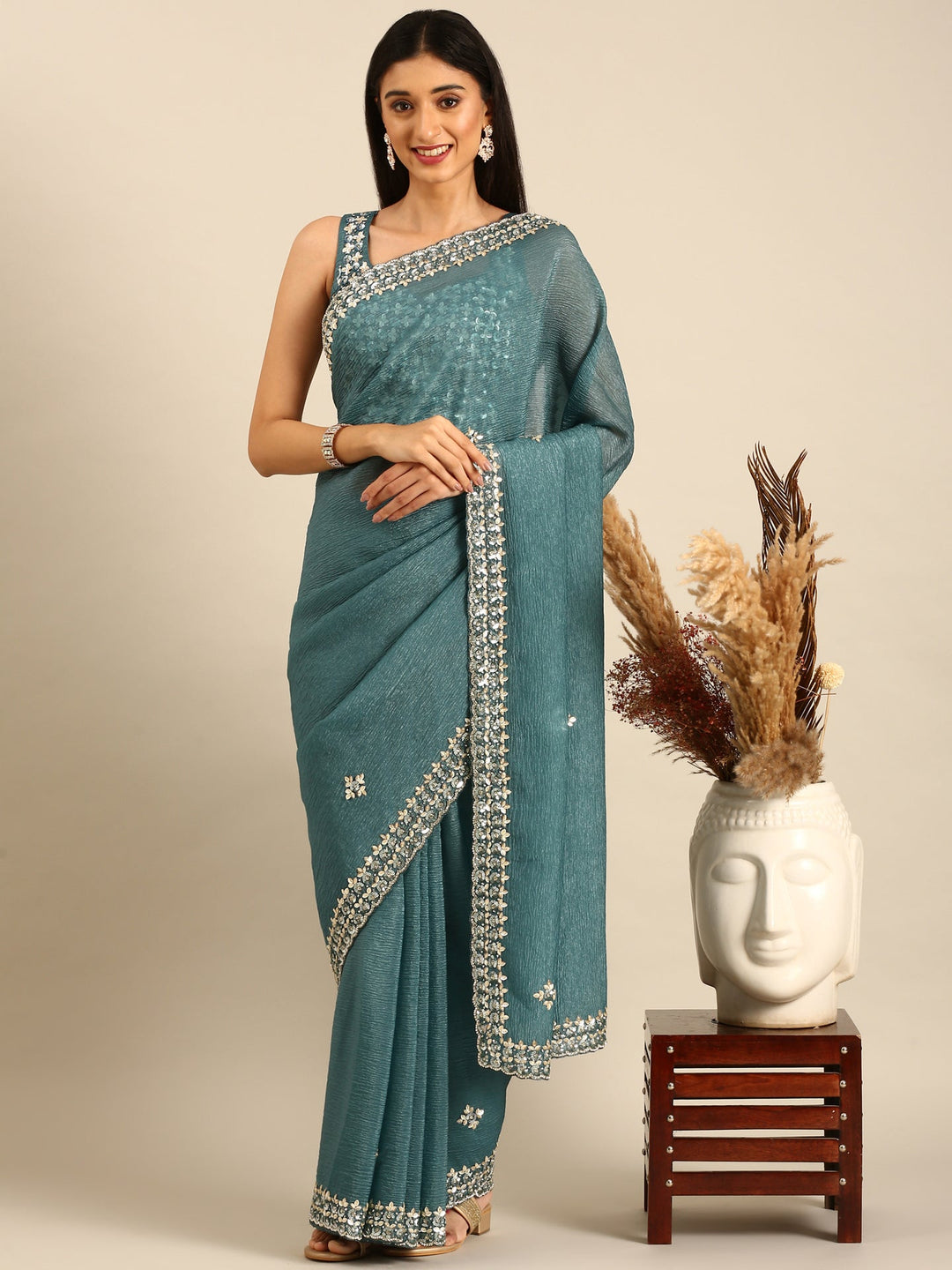 Neerus Green tissue embellished saree with heavy blouse - detail view 1