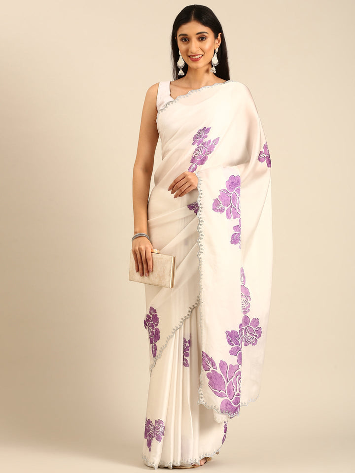 Off white printed satin saree with lavender motifs & Swarovski embroidery