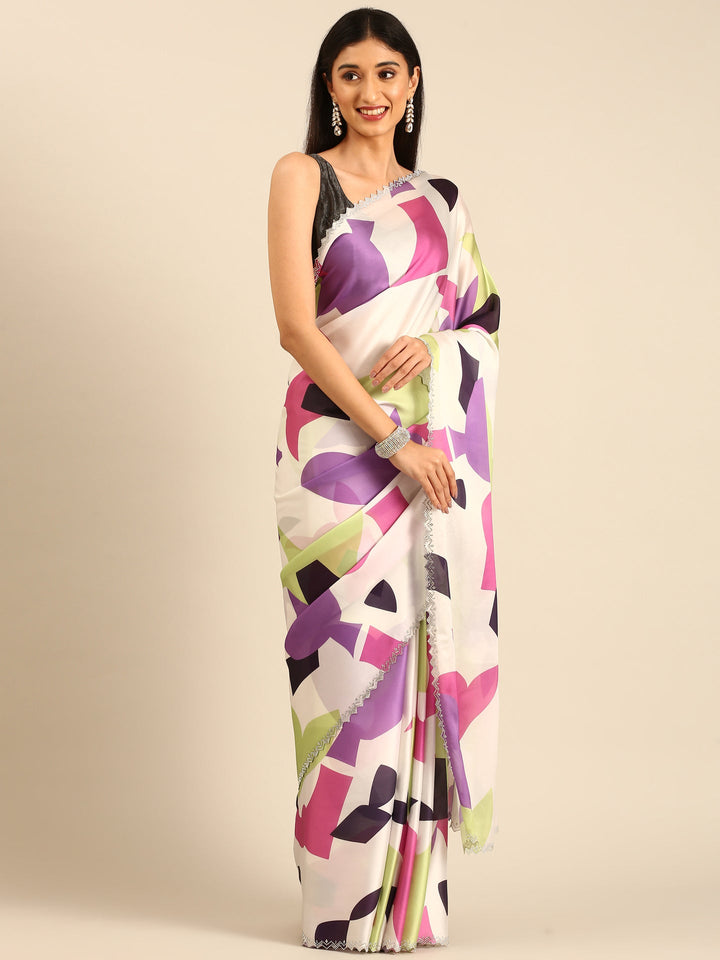 Cream & Purple Printed Satin Saree With Swarovski Embroidery