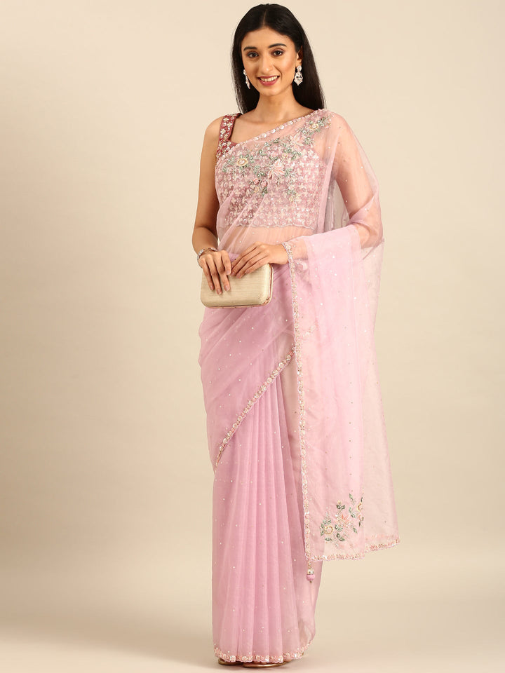 Purple Organza Saree With Hand Embroidery & Readymade Heavy Blouse Hand Embroidered