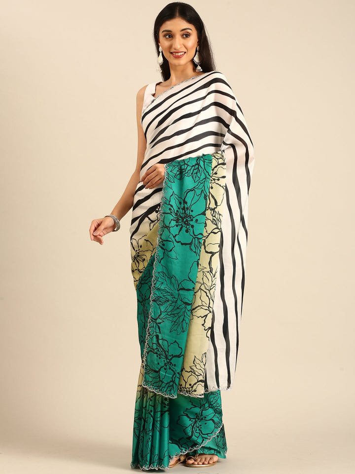 Green Satin printed saree with Swarovski embroidery