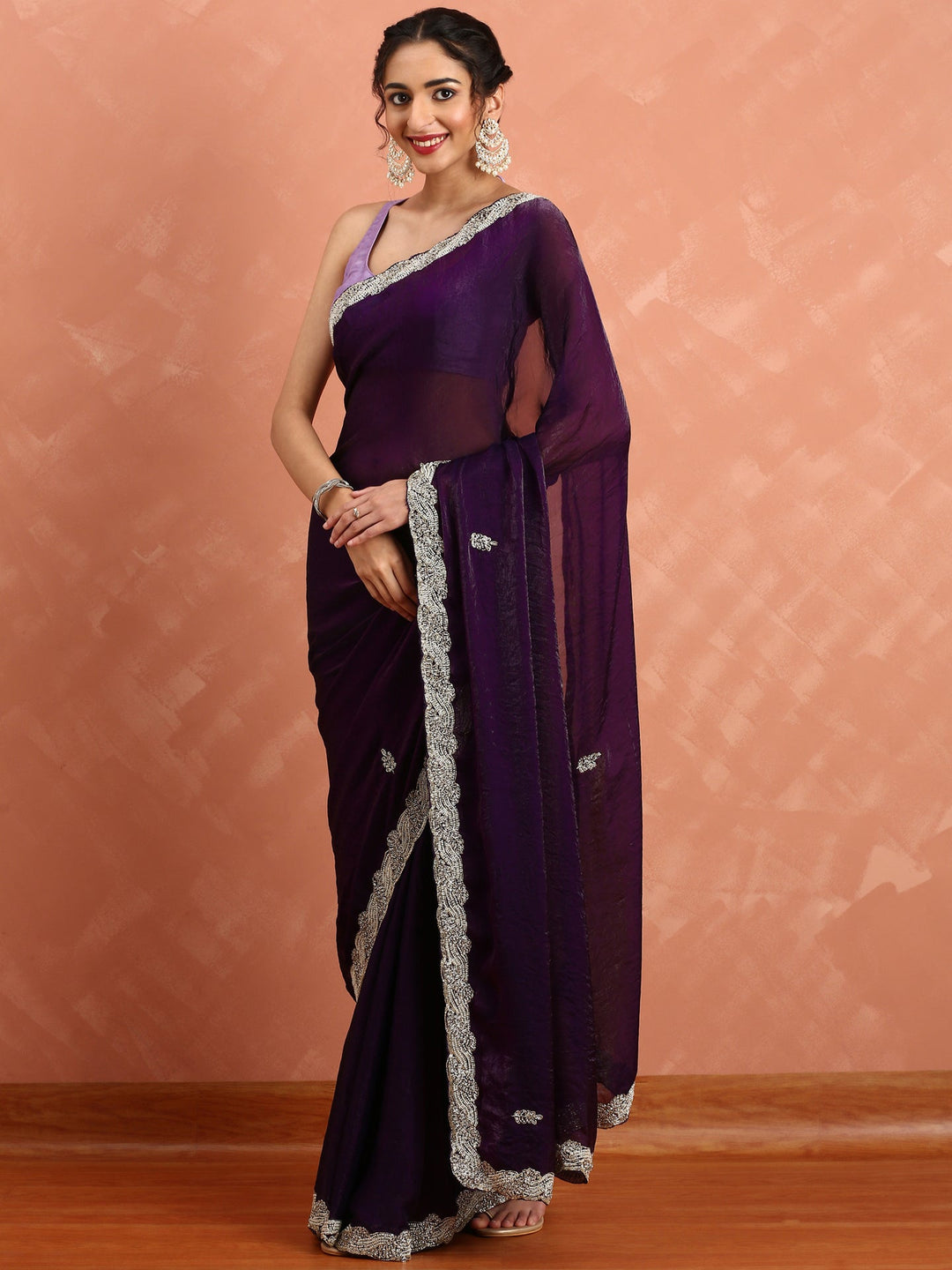 Neerus Maroon satin hand embroidered saree - detail view 1