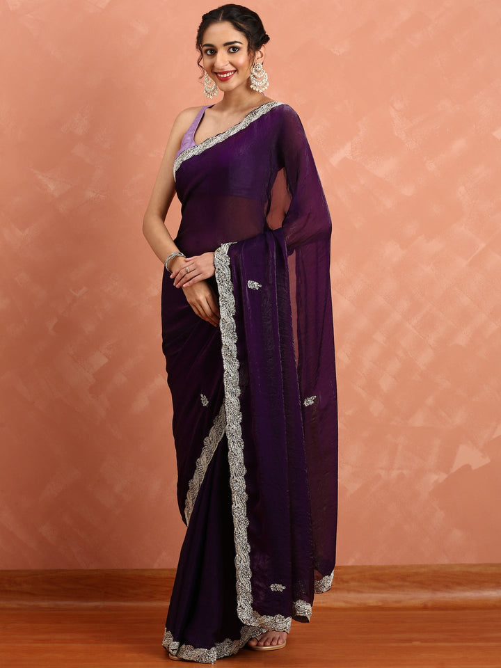 Neerus Maroon satin hand embroidered saree - detail view 1