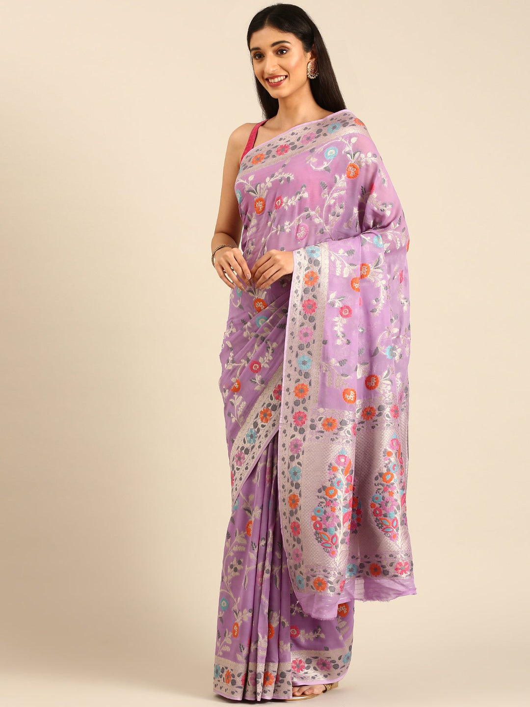 Neerus Purple Banarasi woven saree with meenakari border - detail view 1