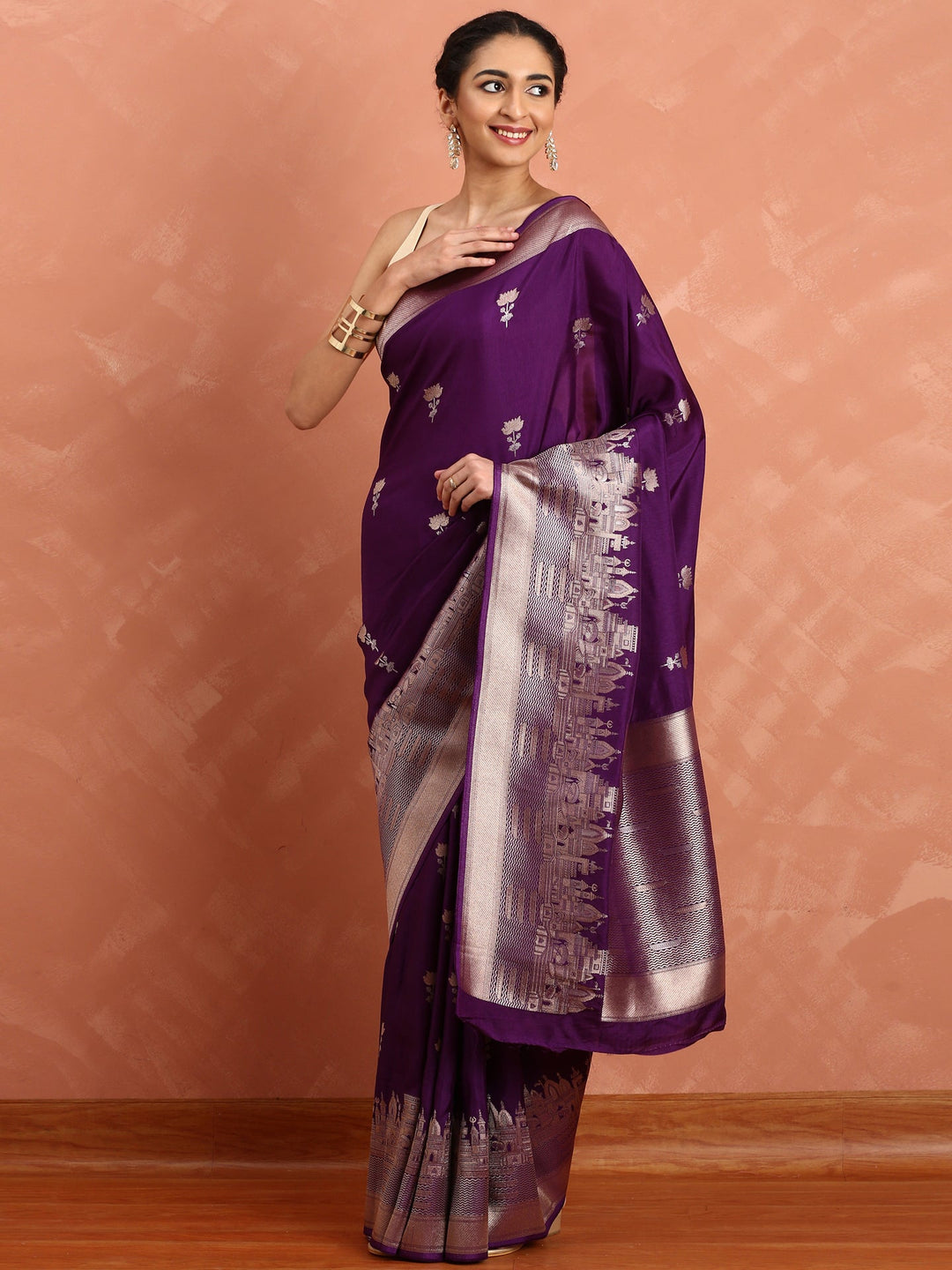 Neerus Maroon Banarasi woven saree - detail view 1
