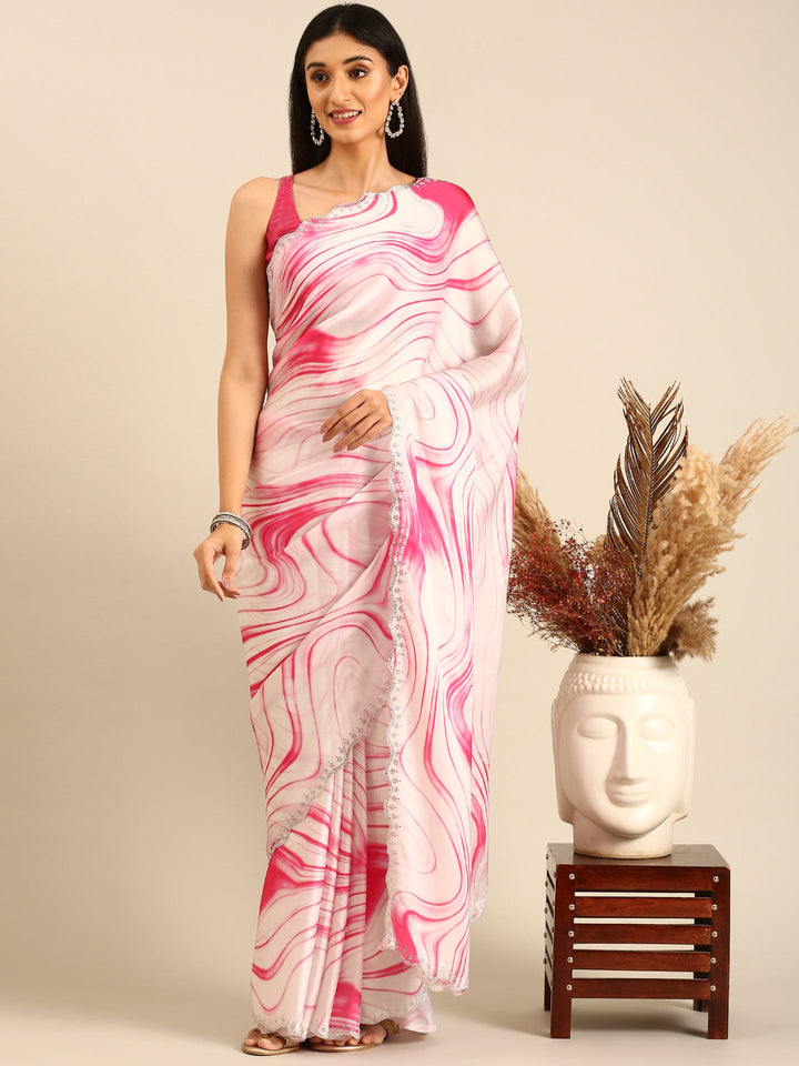 White & Pink satin saree with Swarovski embroidery