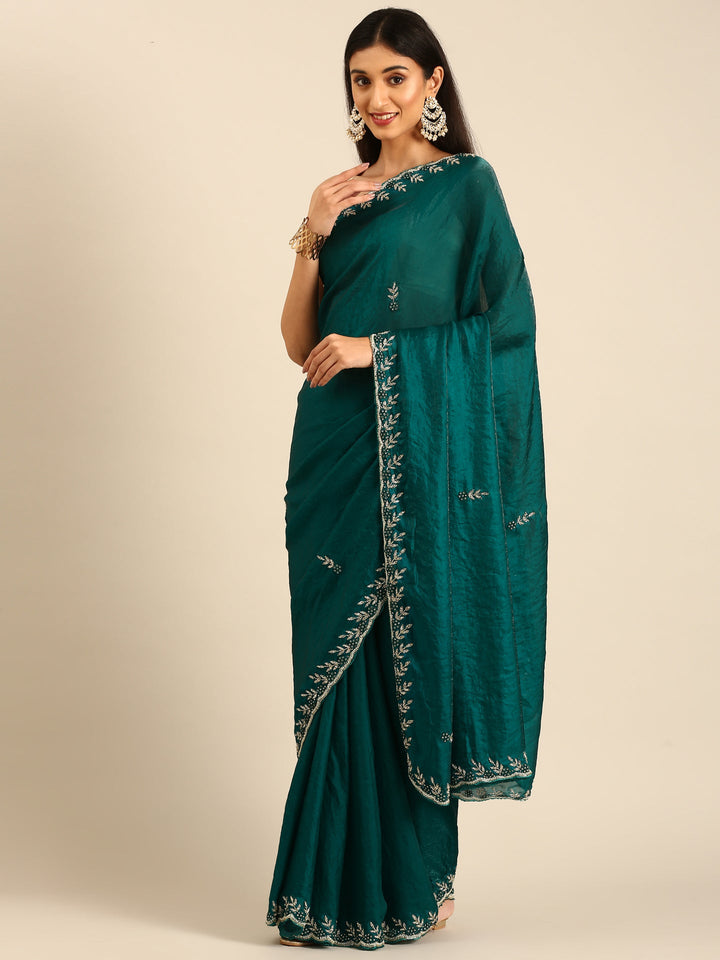 Green shimmer tissue saree with cut Dana & Swarovski embroidery