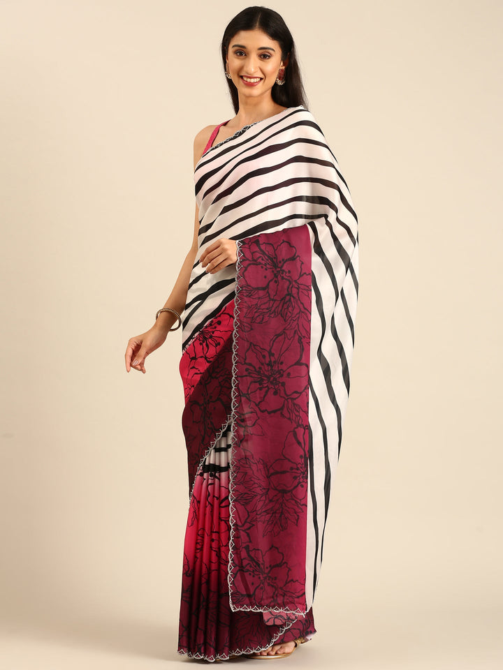 Pink Satin printed saree with Swarovski embroidery