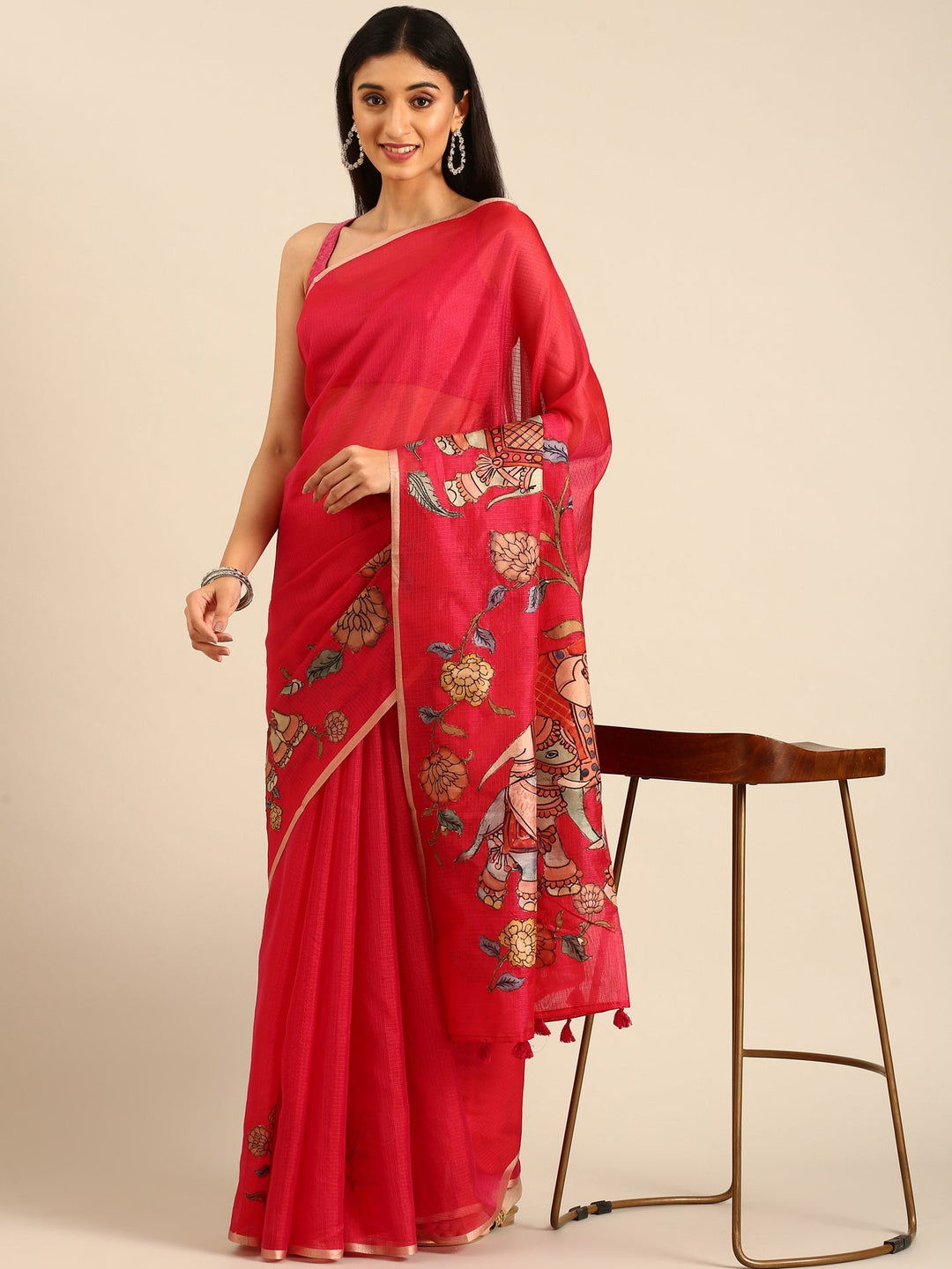 Neerus Pink Kota embellished saree with kalamkari appliqué pallu - detail view 1