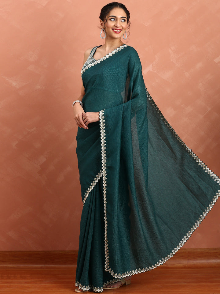 Neerus Green net embellished saree with pearl embroidery - detail view 1
